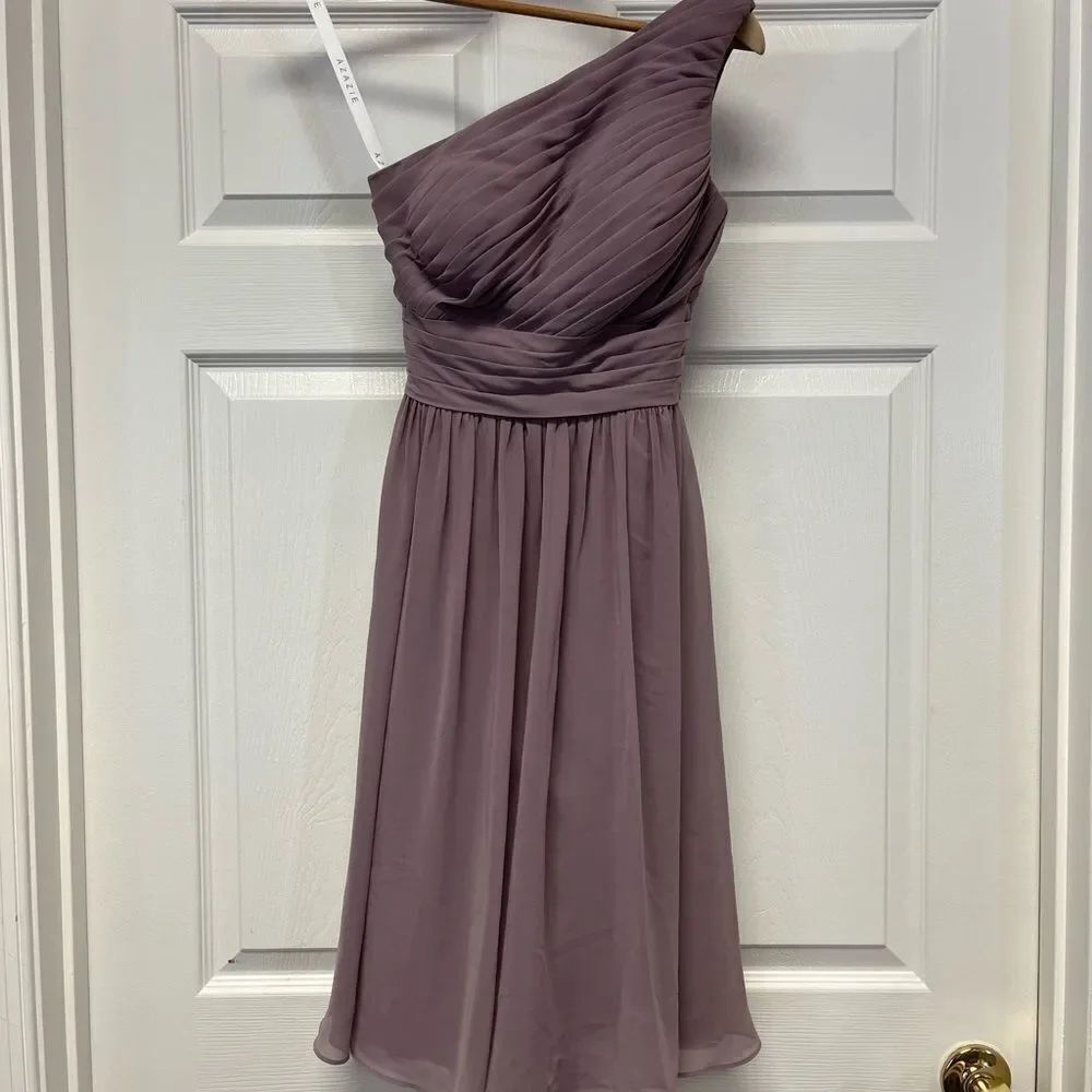 Azazie Muted Lavender One Shoulder Grecian Formal Dress sz 4 EUC